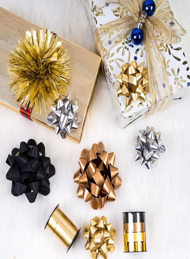 WRAPAHOLIC 14 Pcs Gift Bows Assortment - 10 Multi Colored Assorted Size Gift Bows(Black, Gold, Silver, Old Gold), 2 Crimped Curling Ribbons, 1 Curly Bow, 1 Tinsel Bow for Christmas and New Year - Image 5